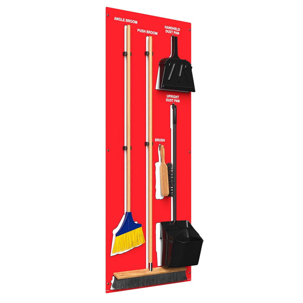 Accuform Clean & Sweep 5S shadow board with broom and dustpan set, red and white wall mount cleaning station, 68x30 inches