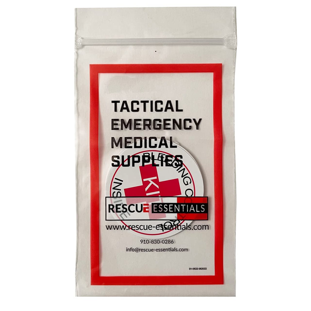 Rescue Essentials bleeding control designation stickers in a 5-pack, medical medication labels for emergency first aid use.