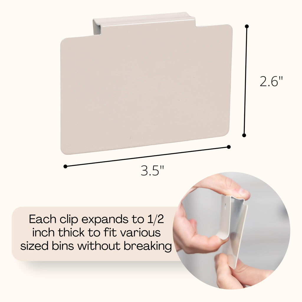 Hygge & Sage: Metal Non-Slip Basket Labels Clip On for Storage Bins, or Wire Racks | Includes 8 Labels, 8 Non-Slip Pads, and 1 Free Marker (Cream) Cream