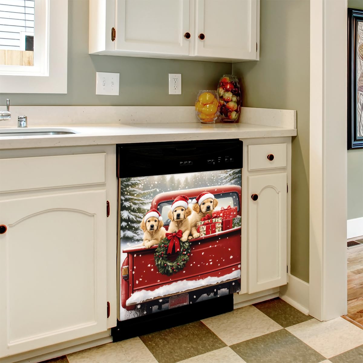 Dishwasher Magnet Cover Christmas Red Truck Dog Sticker Decorative