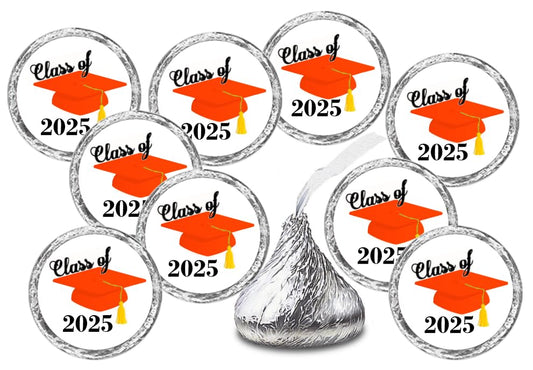 216 Graduation Party Cap Class of 2025 Kisses Stickers Labels, Grad Party Favor Decorations. Made in USA (Orange)