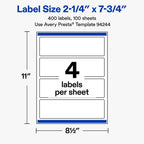 Avery Matte White Rectangle Labels, Sure Feed Technology, 2.25" x 7.75", 400 Matte White Printable Labels 400 labels