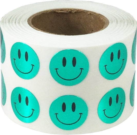 1/2" Inch Small Metallic Green Happy Face Labels, 1,000 Total Adhesive Stickers on a Roll, Perfect for Kids Classroom Incentives, Motivational Chart Use