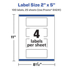 Avery® Printable Durable White Rectangle Labels, Sure Feed® Technology, 2" x 5", Print-to-the-Edge, Waterproof Labels, Laser & Pigment-Based Inkjet Compatible, 100 Total 100 labels