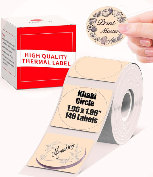 M110 Thermal Labels - 1.96"x1.96" (50x50mm) Round Sticker Label Paper, Khaki Color, Compatible with Phomemo M110, M220, M221, M120, M150, M250, M260 Label Makers for Thanks, Logo, Tag, 140PCS 1.96"x1.96"