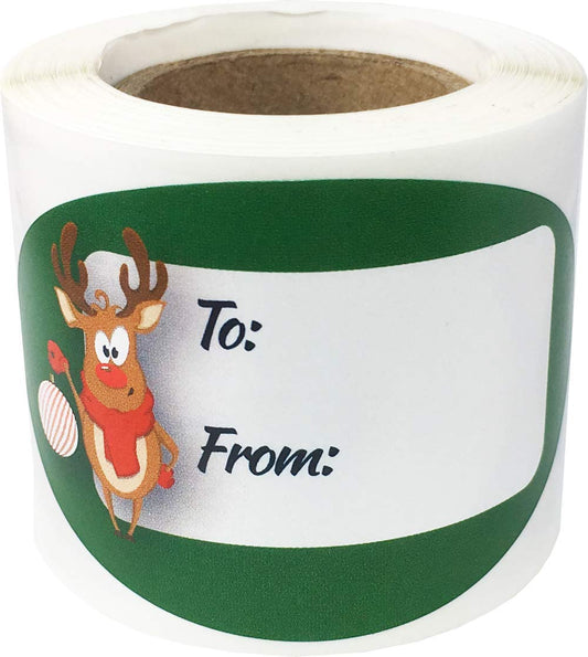 Rudolph The Red Nosed Reindeer Presents Unique Gifts Tags | 1.5 x 2.5 Inch Oval Shaped to/from Christmas Labels | 100 Adhesive Stickers for Holiday Presents | 4 Different Festive and Fun Designs