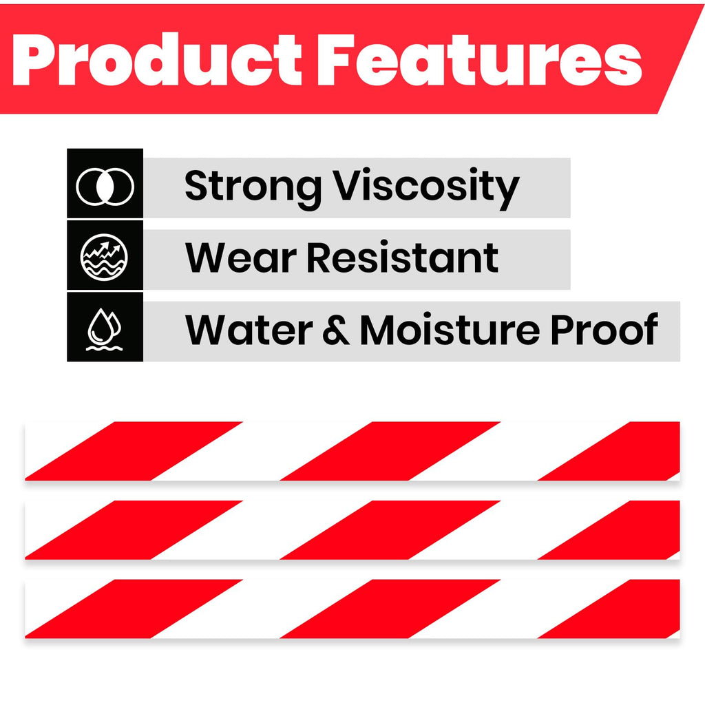 ADHES Hazard Tape Safety Warning Red White Stripe PVC Self Adhesive red and white 2in x 18yd 1