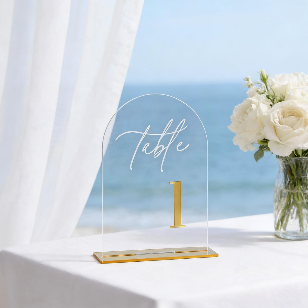 12Pcs Arch Wedding Table Numbers 1-12 with Stands, 5.5" X 7.2" Gold Table Numbers Elegant Clear Acrylic Tables Number with Golden Text for Wedding Reception, Anniversary, Banquet, and Event Decor