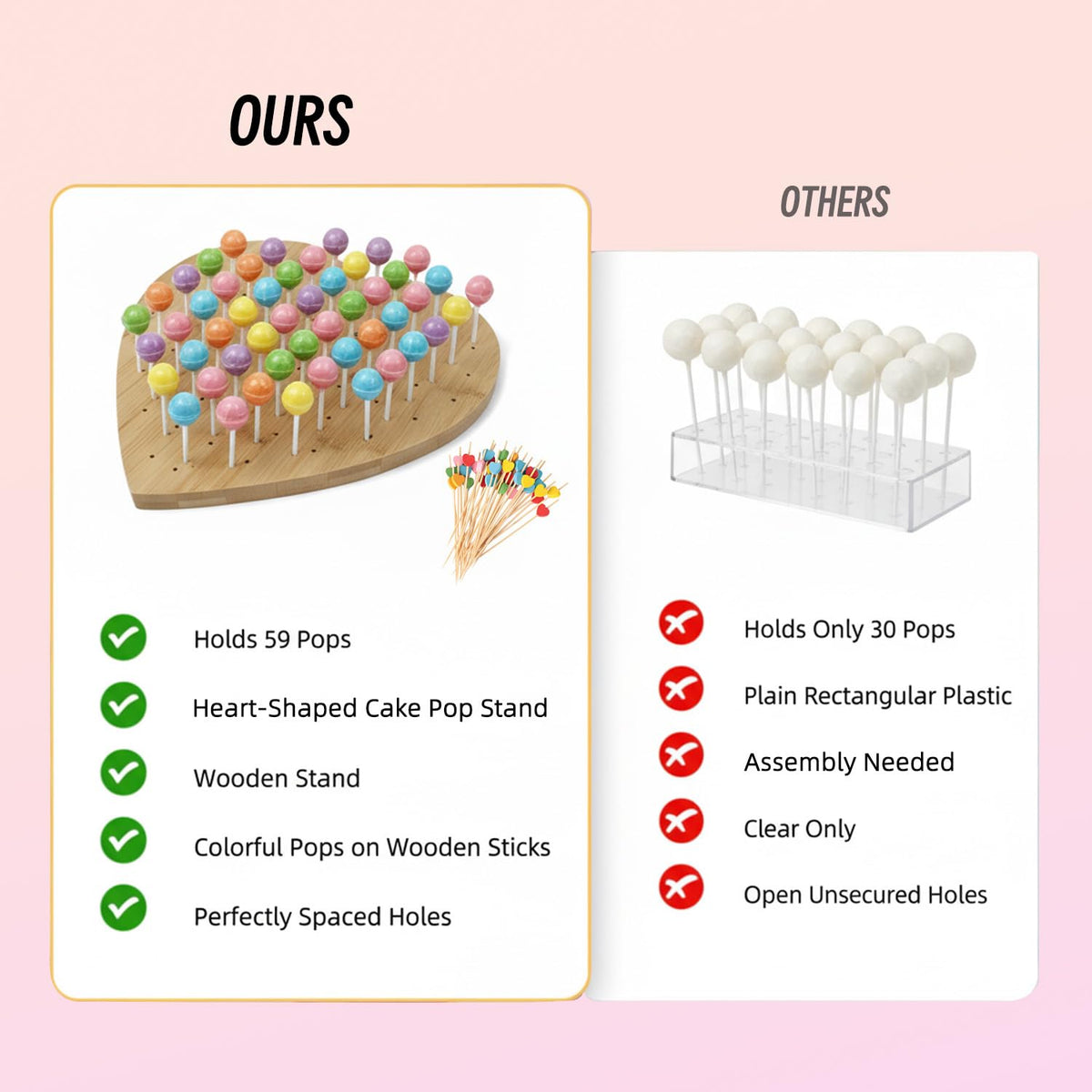 59-Hole Heart Wooden Cake Pop Display Stand with 100 Pcs Sticks
