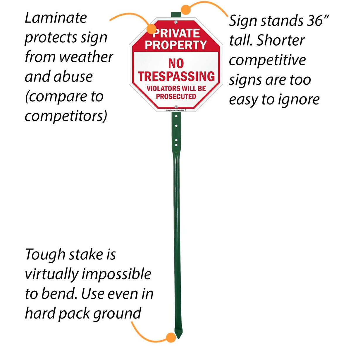 SmartSign "Private Property - No Trespassing, Violators Will Be Prosecuted" LawnBoss® Sign | 10" Octagon Aluminum Sign With 3' Stake