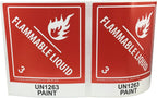 Red and white Hazard Class 3 D.O.T. UN1263 paint flammable liquid labels on a roll, 4x4.75 inch adhesive hazmat stickers.