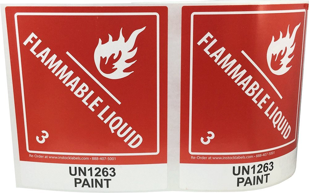 Red and white Hazard Class 3 D.O.T. UN1263 paint flammable liquid labels on a roll, 4x4.75 inch adhesive hazmat stickers.