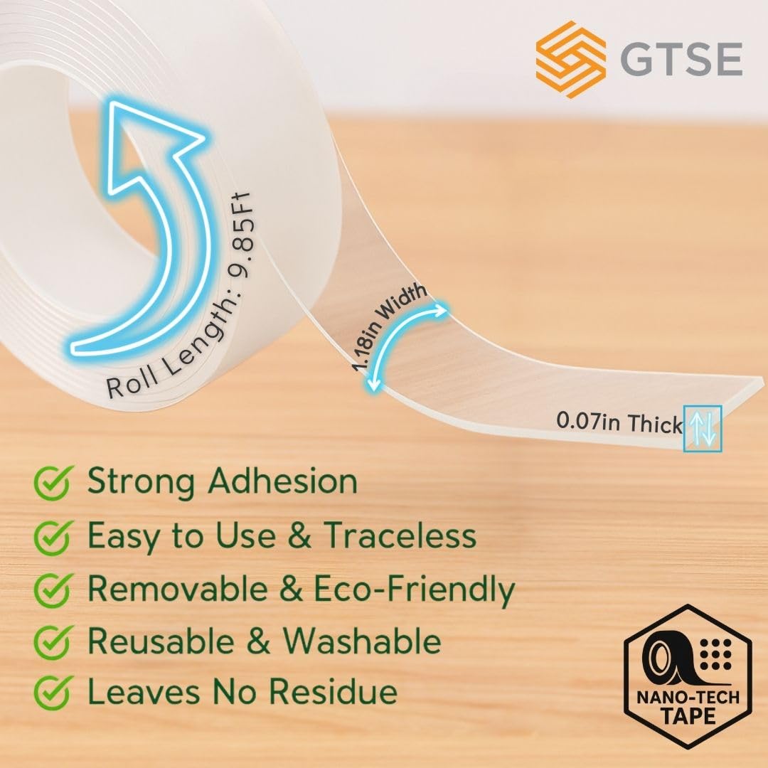 GTSE Double Sided Mounting Tape - Heavy Duty Adhesive 1.18in x 9ft Clear Nano Tape for Picture Hanging, Removable Sticky Pads, Posters, Wall Décor, Carpets, DIY Projects – Strong & Versatile Solution