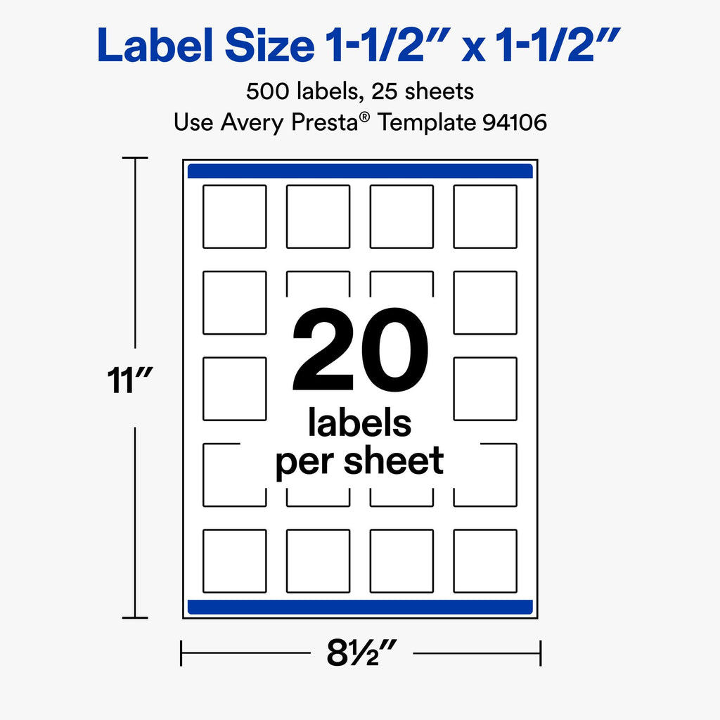 Avery® Matte White Square Labels, 1.5" x 1.5", 500 Total 500 labels