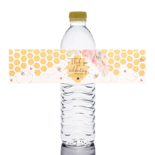 48 PCS Bee Theme Bottle Labels, Thank You for Celebrating with Us Party Decorations Bee Birthday Self-Adhesive Stickers for Water Bottle with Little Bumble Bees 48pcs