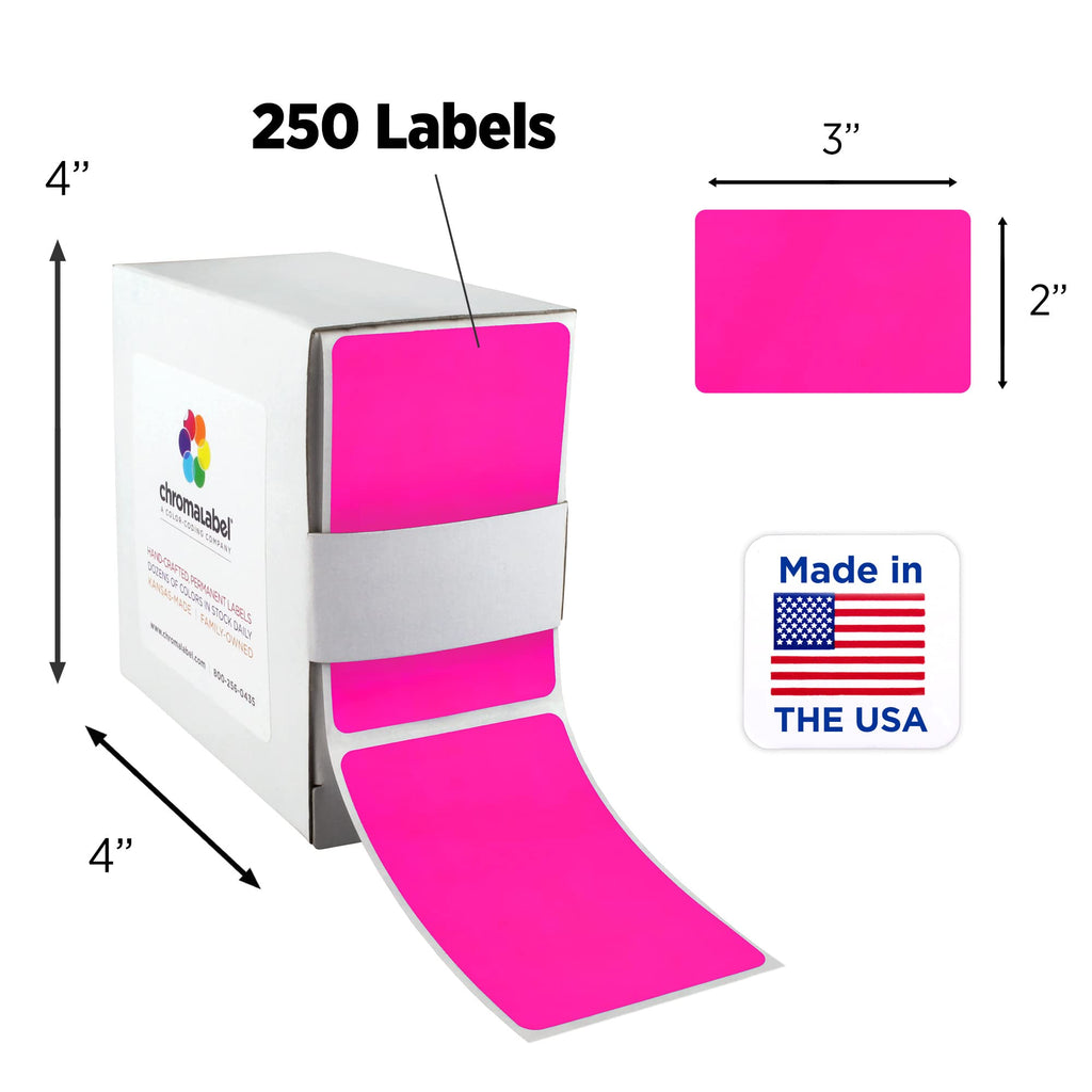 ChromaLabel fluorescent pink all-purpose 2 x 3 inch rectangle color code stickers, 100 per dispenser box.