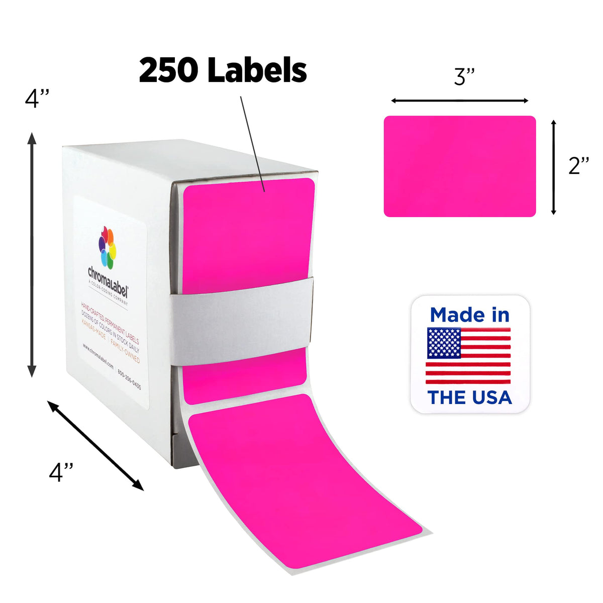 ChromaLabel fluorescent pink all-purpose 2 x 3 inch rectangle color code stickers, 100 per dispenser box.