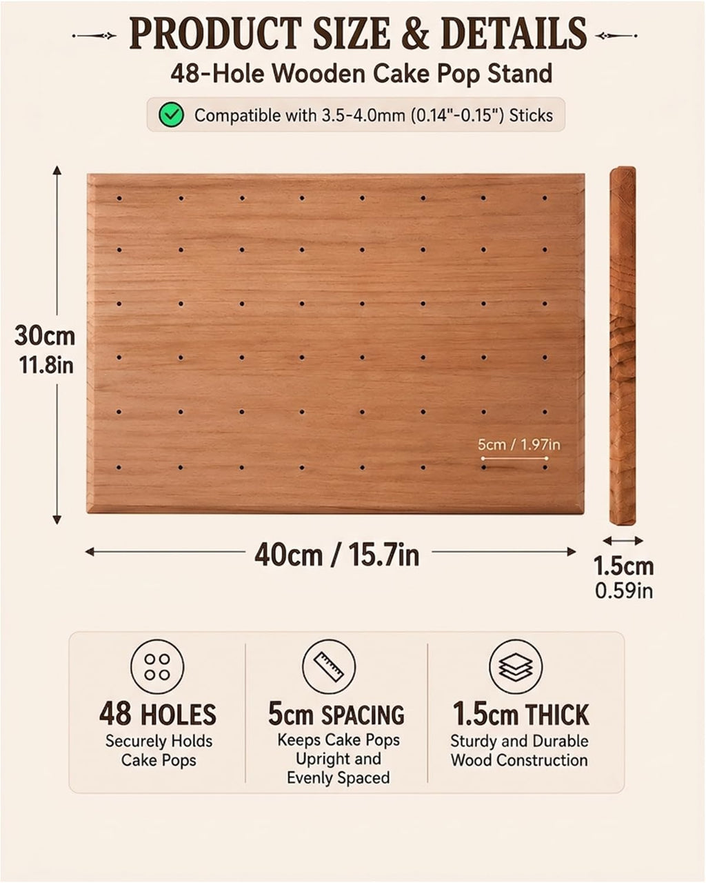 48 Hole Wooden Cake Pop Stand, Cake Pop Holder for Dessert Display Walnut Only 48 Hole Stand