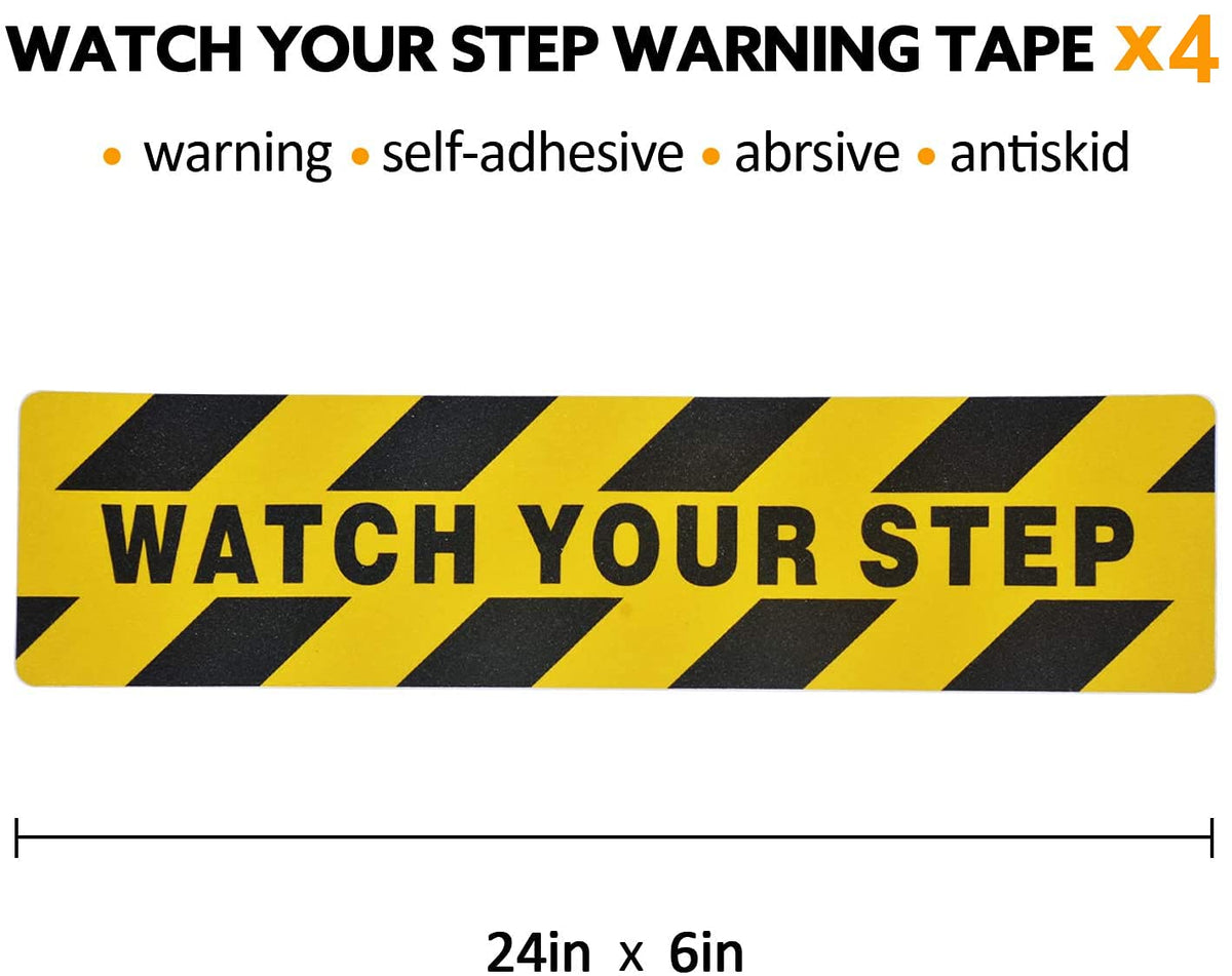6" x 24" Watch Your Step Floor Tape Anti Slip Warning Sign Sticker Adhesive Non- Slip Abrasive Decal for Workplace Home Safety Wet Floor Caution - 4 Pack 6" x 24" / 4 pieces