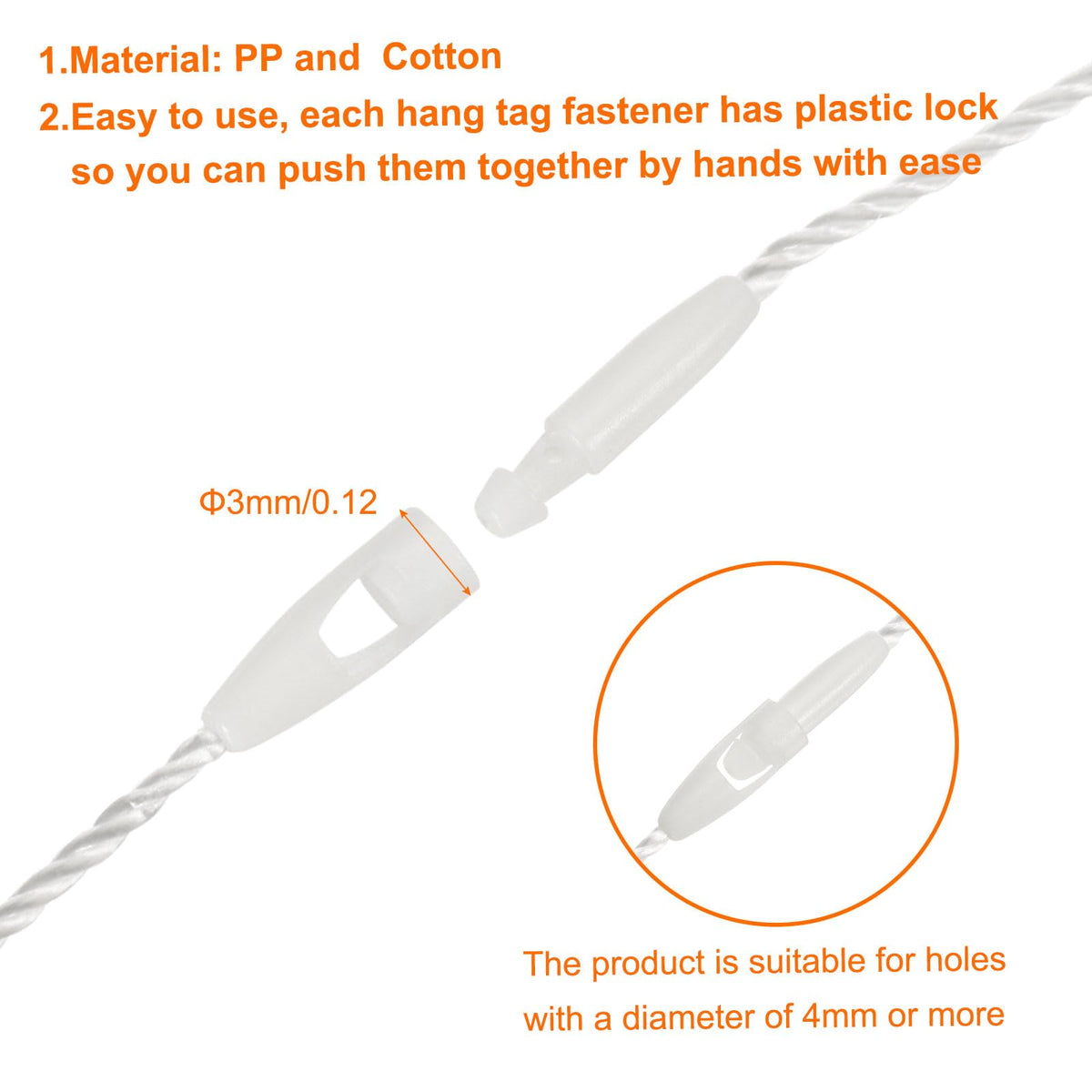 MECCANIXITY Cotton Hang Tag String Snap Lock Pins White 4.7" 100pcs 4.7 inches