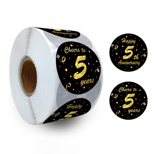 REWIDPARTY Black Gold 5th Anniversary Party Stickers Rolls Cheers to 5 Years Stickers Anniversary Party Decorations Happy 5th Birthday Adhesive Stickers Wedding Party Supplies(500 Per Roll) B