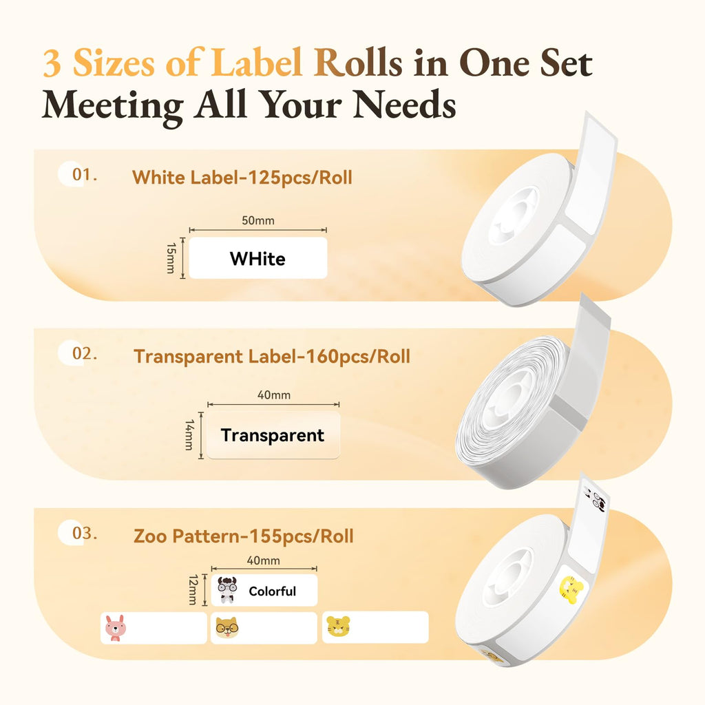 NIIMBOT 3 Roll Set Labels for D110/D11/D101 Label Maker, (0.59" X 1.97" White/ 0.55" X 1.58" Clear/ 0.47" X 1.57" Zoo), Waterproof Thermal Label Tape for Home Office School Organization Mix A