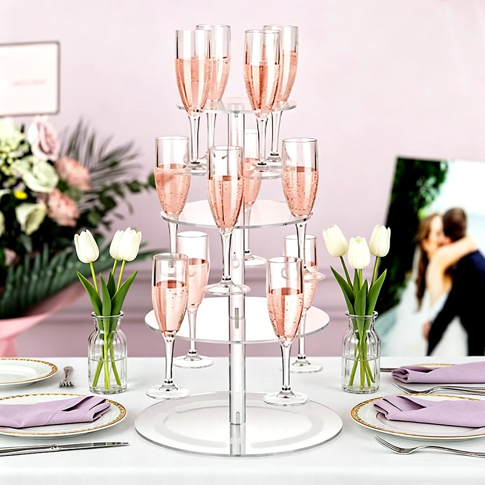 WADORN 3-Tier Clear Acrylic Champagne Tower, Champagne Display Rack Stand with 12 Slots Round Cocktail Stemware Tree Stand Holders for Wedding Celebration Bar Party Cocktails Margarita Cups Display