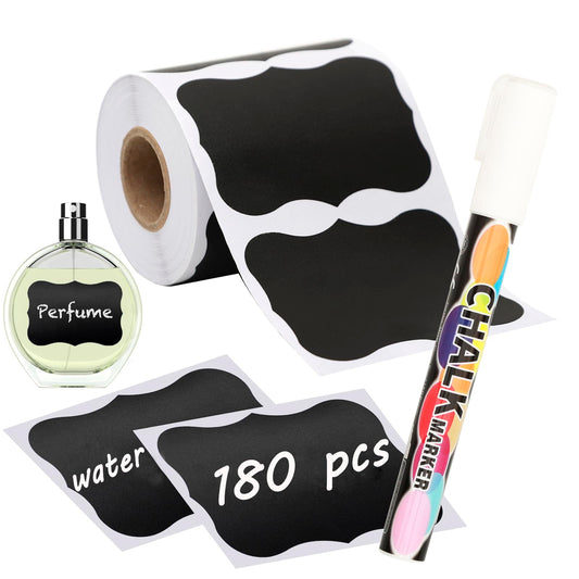 180pcs Chalkboard Labels Waterproof Blackboard Reusable Sticker with White Chalk Marker, Wavy Chalkboard Labels for Containers, Mason Jars, Food Storage Wavy-180 Pcs