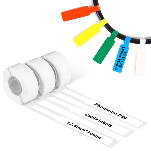 Phomemo D30 Thermal Cable Labels Waterproof Wire Cord Labels, (12.5mm X 74mm) 65 Labels/Roll, Tags Stickers Tear Resistant Flexible, Phomemo d30 Label Tape -Black on White Paper, 3 Roll