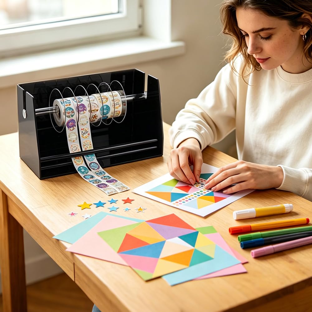 PH PandaHall Adjustable Label Dispenser Acrylic Sticker Roll Dispenser Black Label Roll Holder Organizer 1.81x5.51x6.65in for School Supplies School Home Office Desktop Craft Paper Labels