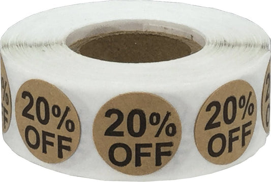 Natural Kraft 20% Percent Off Stickers for Retail 0.75 Inch 500 Adhesive Labels Natural Kraft 20