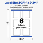 Avery® Matte White Square Labels, 2.75" x 2.75", 150 Total 150 labels