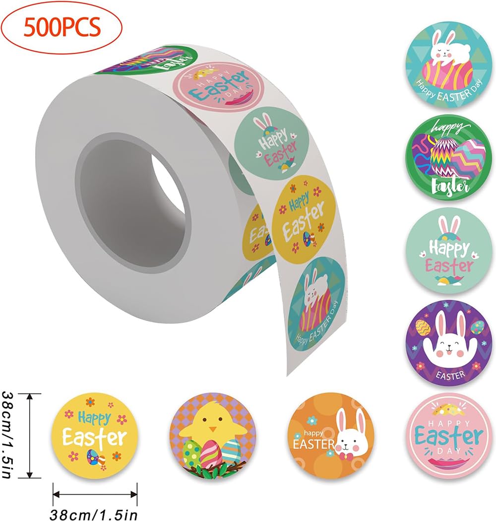 GeRRiT 500 PCS Cute Easter Stickers 1.5 Inch Happy Easter Label Stickers Self-Adhesive Bunny Stickers Easter Egg Stickers Party Decorative Supplies for Card Gift Envelopes Decoration, 1 Roll
