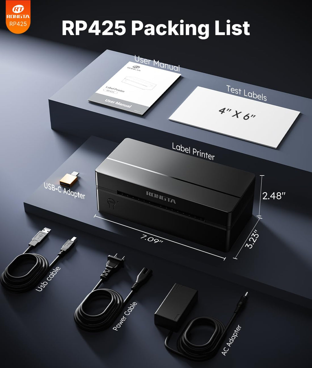 Rongta Bluetooth Shipping Label Printer, Wireless 4x6 Thermal Label Printer for Shipping Packages, Support Phones, Compatible with Windows macOS Android iOS for Small Business Black