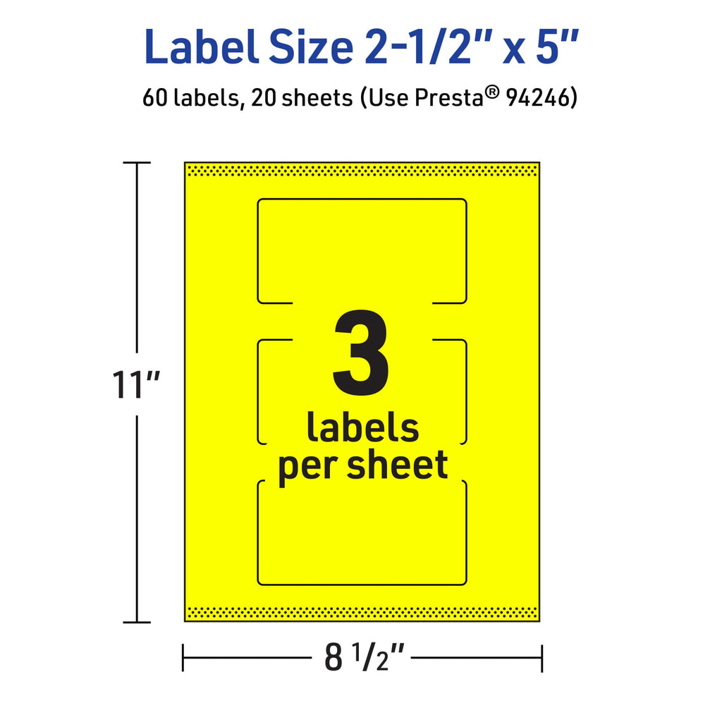 Avery® Printable Rectangle Labels, Sure Feed® Technology, 2-1/2" x 5", Neon Yellow Labels, Print-to-The-Edge, Laser/Inkjet Printable, 60 Total, Great for Candles and Ingredients 60 labels