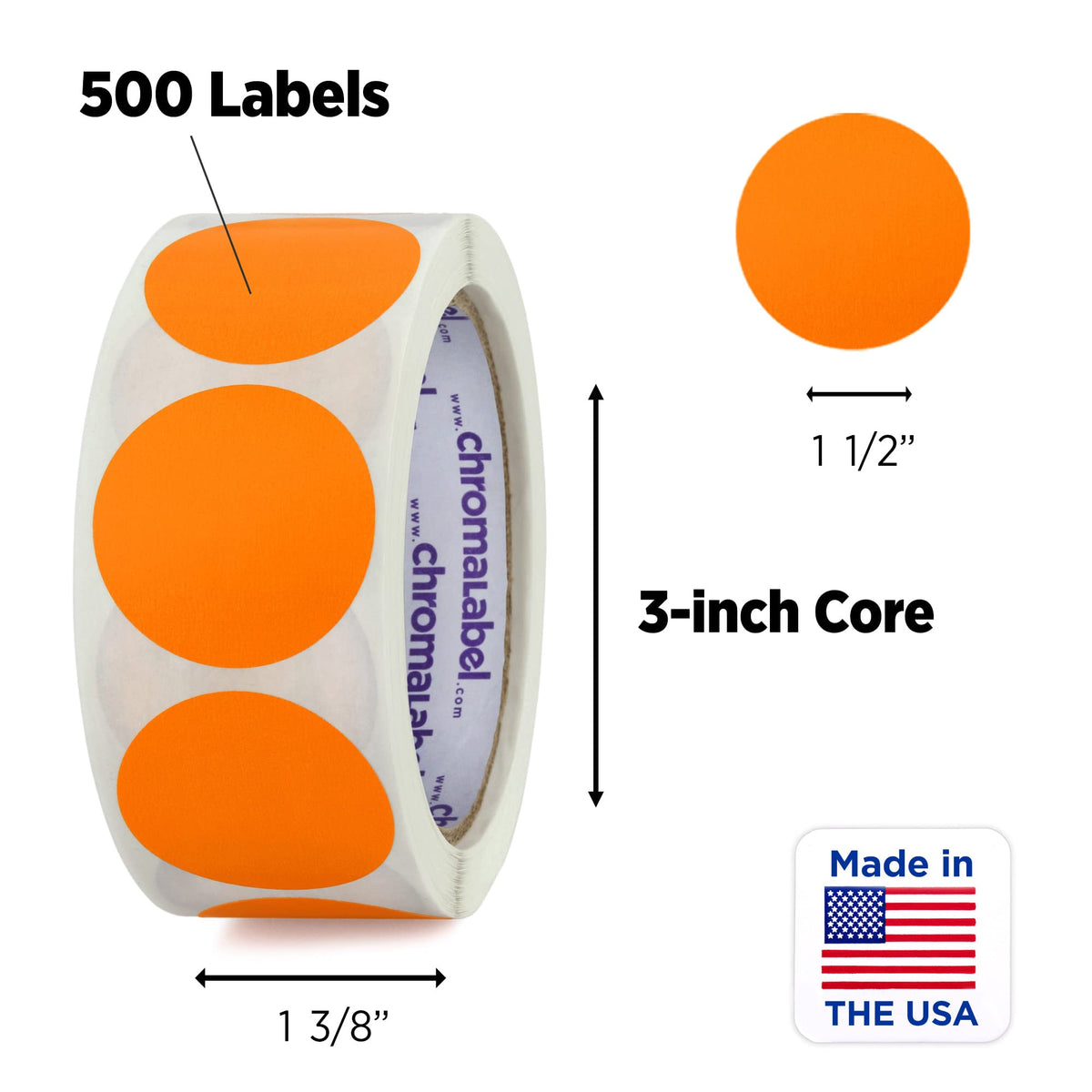 Orange ChromaLabel 1.50-inch round removable color code dot stickers for inventory labeling, shown on roll of 500 labels.