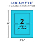 Avery Printable Rectangle Labels, Sure Feed Technology, 4" x 6", Bright Blue Labels, Print-to-The-Edge, Laser/Inkjet Printable, 40 Total, Great for Shipping and Packaging 40 labels