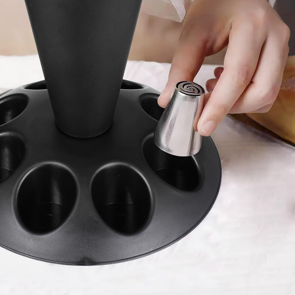 Hemobllo Piping Bag Holder Stand, Black Stainless Steel Pastry Rack with Nozzle Slots & Easy-Fill Design for Mess-Free Cake Decorating, for Home Bakers & Professionals 8.49x7.47 in