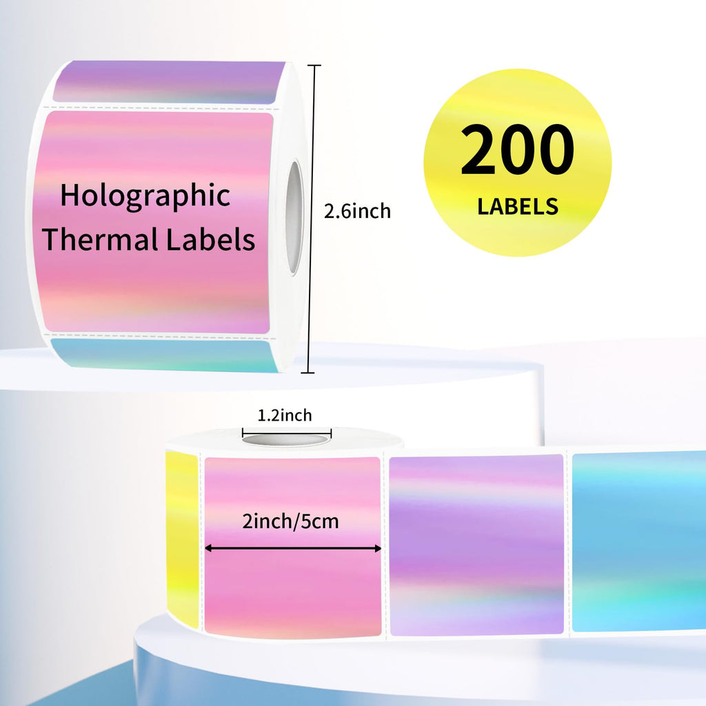 Square Thermal Labels Stickers 2" x 2", Holographic Thermal Stickers Labels, Glitter Self-Adhesive Direct Thermal Label for Small Business- Holographic 5 Colors 2 X 2