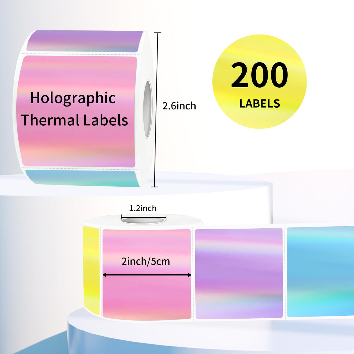 Square Thermal Labels Stickers 2" x 2", Holographic Thermal Stickers Labels, Glitter Self-Adhesive Direct Thermal Label for Small Business- Holographic 5 Colors 2 X 2