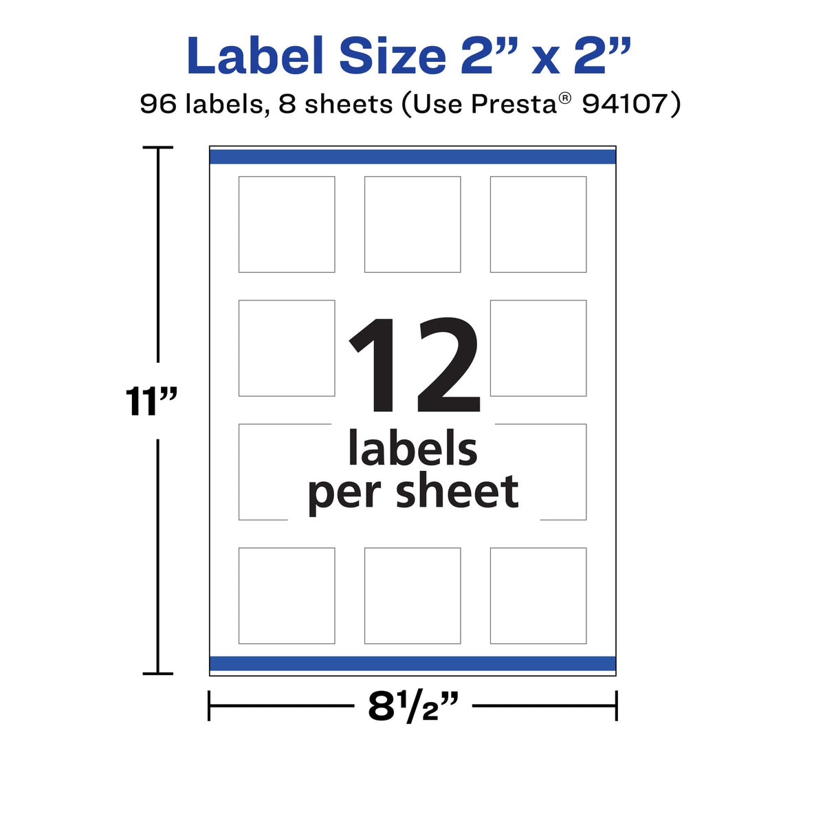 Avery® Durable Removable Square Labels, Sure Feed® Technology, 2" x 2", Matte White Film, Water-Resistant, Print-to-The-Edge, Laser/Pigment-Based Inkjet Printable, 96 Total 96 labels