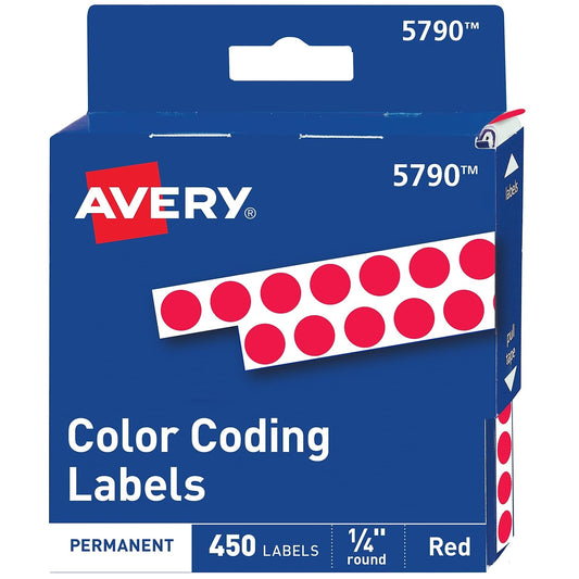Avery 05790 Permanent Self-Adhesive Round Color-Coding Labels, 1/4-Inch Dia, Red, 450/Pack