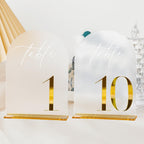 HOODO Frosted Arch Acrylic Wedding Table Numbers 1-10 with Stands, 5"x7" Arched Acrylic Signs with 3D Gold Numbers, Frosted 3D Table Numbers for Wedding Reception Frosted and Gold Font Number 1-10, 5"x7"