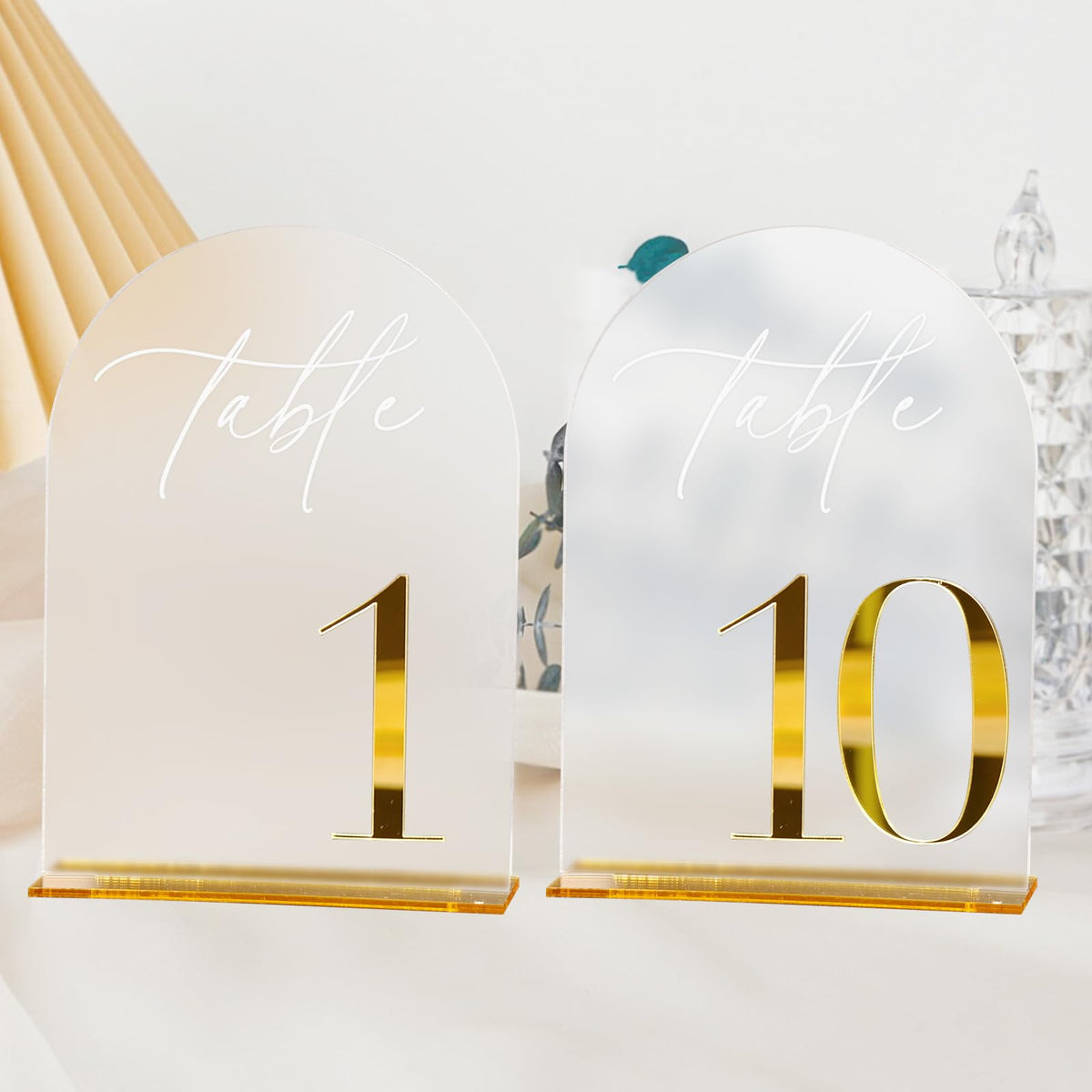 HOODO Frosted Arch Acrylic Wedding Table Numbers 1-10 with Stands, 5"x7" Arched Acrylic Signs with 3D Gold Numbers, Frosted 3D Table Numbers for Wedding Reception Frosted and Gold Font Number 1-10, 5"x7"