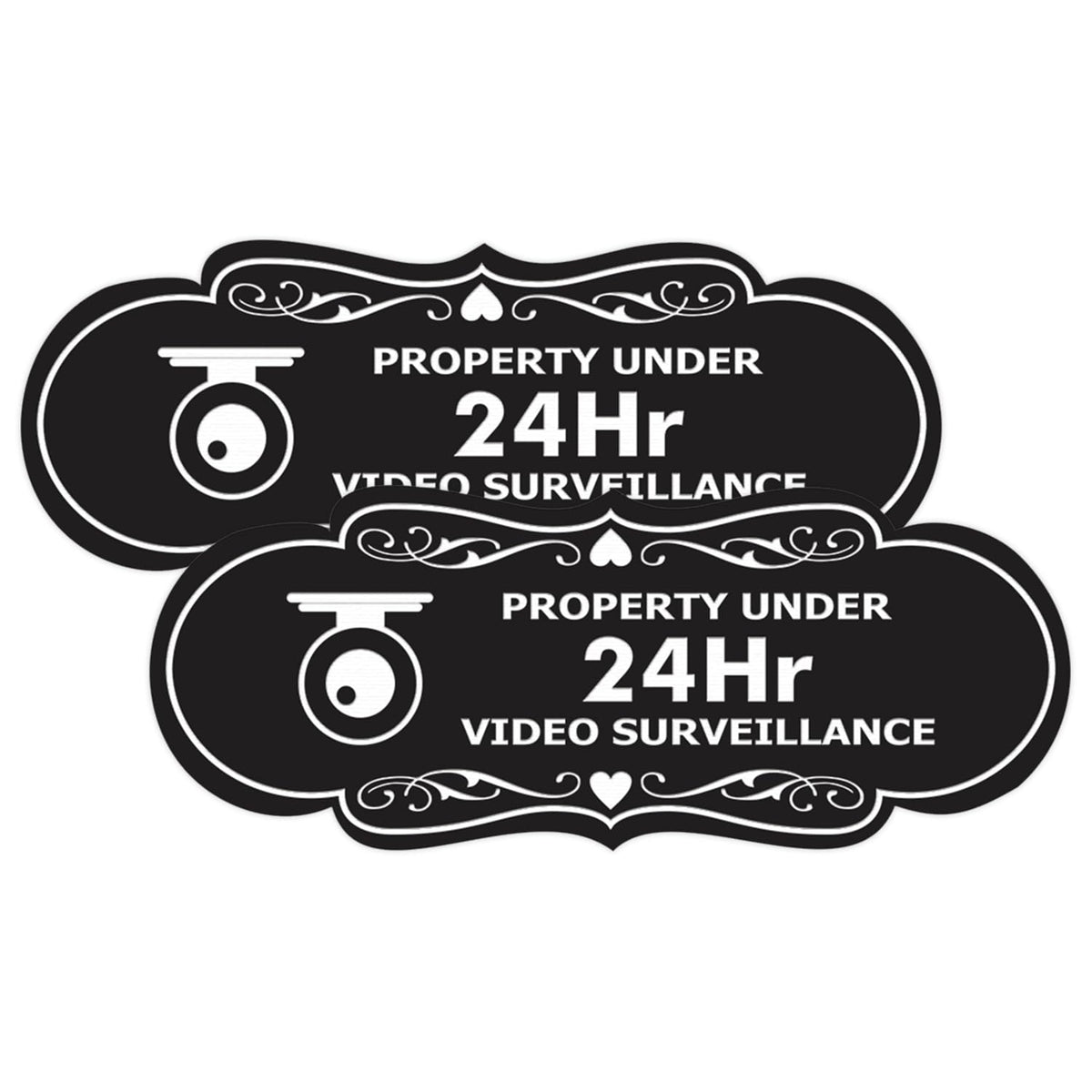 Designer Property Under 24Hr Video Surveillance (Camera) Sign (Black) - Large 2 Pack 3.5 x 9" - Large (2 Pack) Black