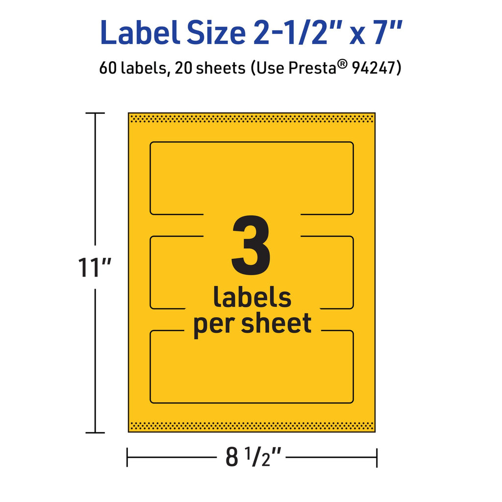 Avery® Printable Rectangle Labels, Sure Feed® Technology, 2-1/2" x 7", Bright Yellow Labels, Print-to-The-Edge, Laser/Inkjet Printable, 60 Total, Great for Candles and Jars 60 labels