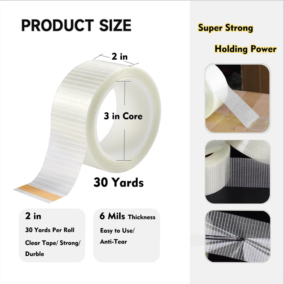 Qoqooice Fiberglass Filament Strapping Tape Heavy Duty Transparent Reinforced Packing Tape 2 in 6 Mils 30 Yards Nylon Fiber Glass Tape 2In 6mils 30Y