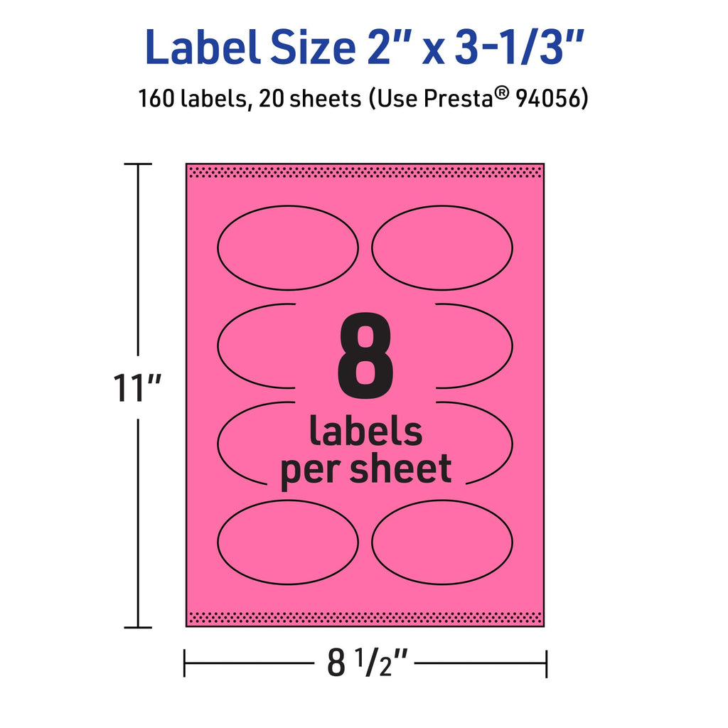 Avery® Printable Oval Labels, Sure Feed® Technology, 2" x 3-1/3", Bright Pink Labels, Print-to-The-Edge, Laser/Inkjet Printable, 160 Total, Great for Soaps and Candles 160 labels