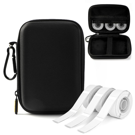 Phomemo D30 D35 Label Marker Black Case with 3 Rolls of White Label Tapes, Waterproof Storage Bag with 12 x 40mm (3/8" x 11/2") 160 Tapes/Roll, Black on White Sticker Thermal Paper Self-Adhesive