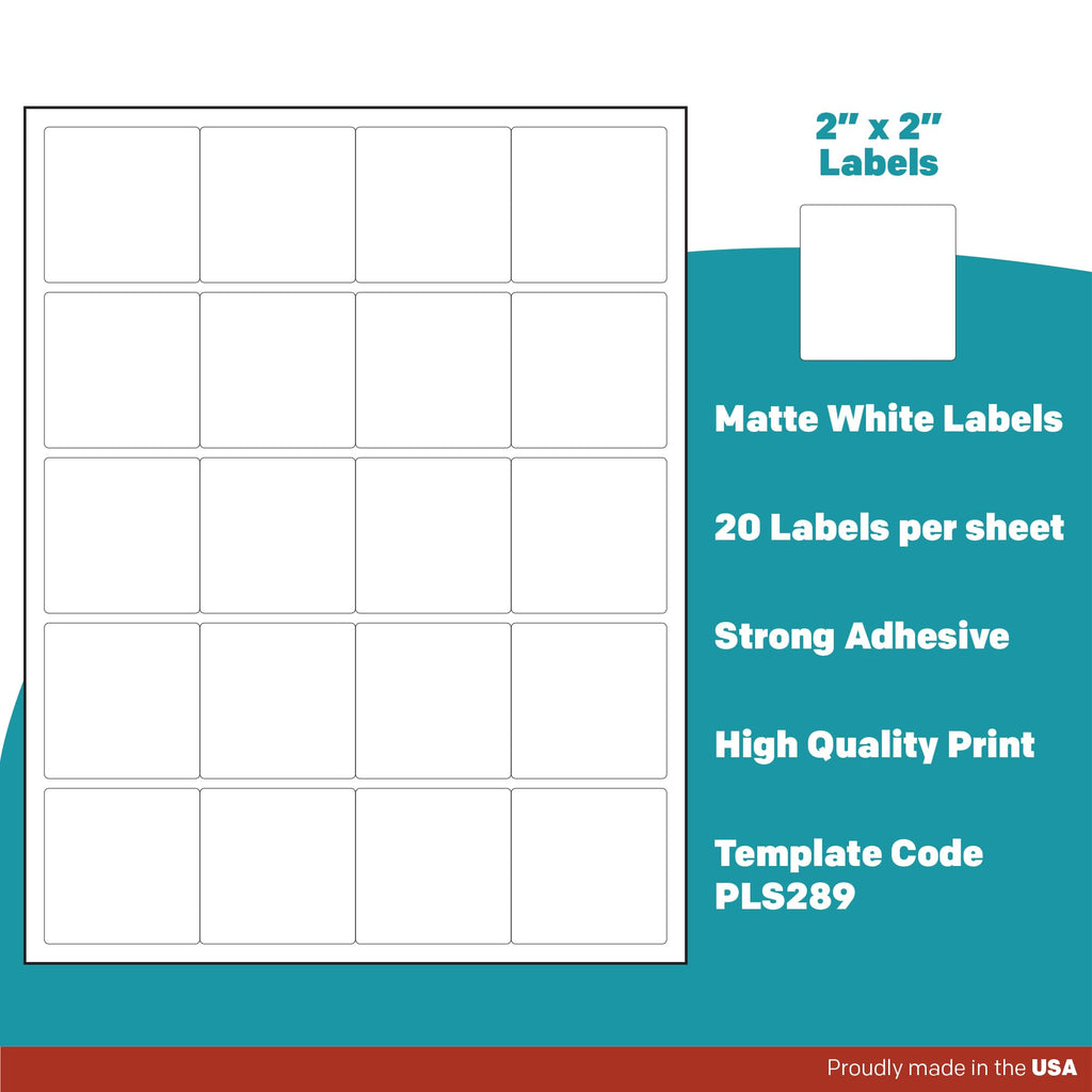 Premium Label Supply White Sticker Square Labels – 2" x 2" – Laser/Inkjet Compatible – (20 per Sheet), 100 Sheets – 2000 Total Adhesive Labels 2000 Labels